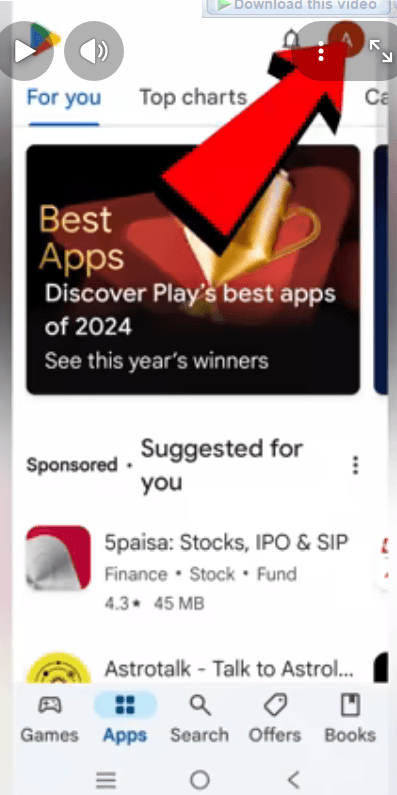 Play Store home with profile icon highlighted