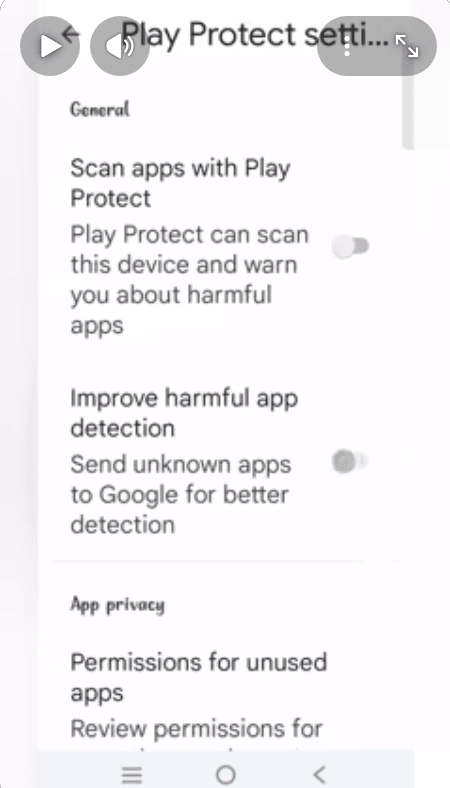 Play Protect settings with Scan apps toggle turned off