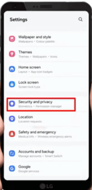 Settings menu with Security and privacy highlighted
