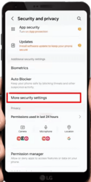 Security and privacy screen with More security settings highlighted