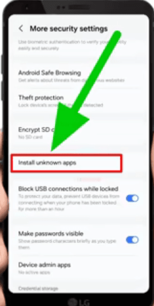 More security settings screen with Install unknown apps highlighted