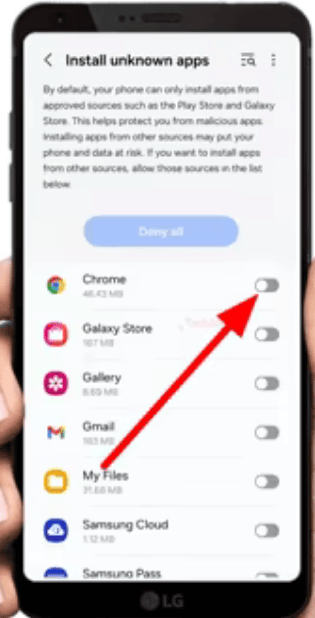 Install unknown apps screen with Chrome toggle turned on